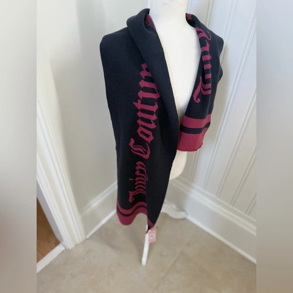 Juicy Couture Black & Burgundy Logo Knit Scarf NWT